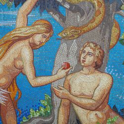 Mosaic panel in a church showing Adam and Eve in the Garden of Eden. 