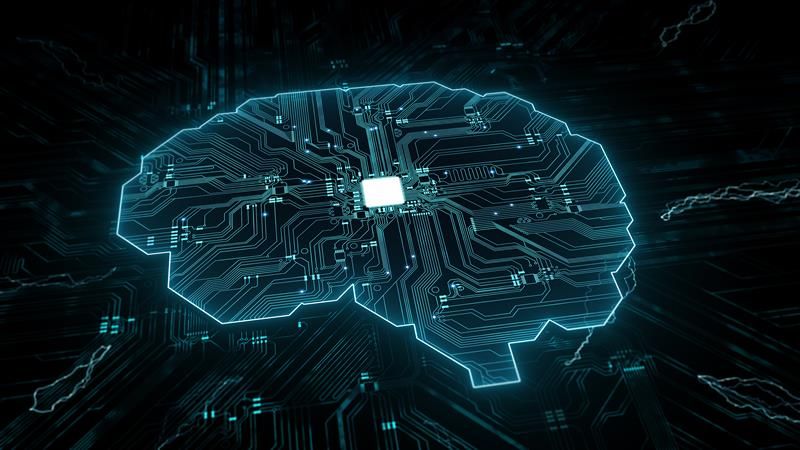 A digital image showing the shape of a human brain but made up of the liens of a circuit board. At the center of the brain is a white square from which all the other lines feed into. 