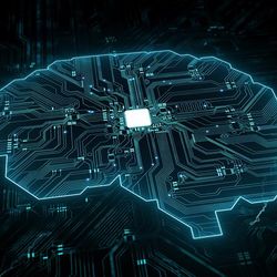 A digital image showing the shape of a human brain but made up of the liens of a circuit board. At the center of the brain is a white square from which all the other lines feed into. 