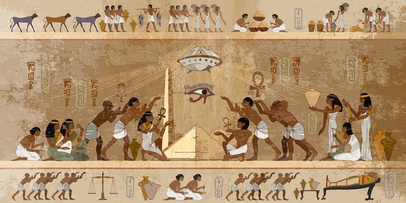 Ancient Egyptian-style illustration of a UFO landing above a pyramid and a group of people