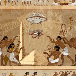 Ancient Egyptian-style illustration of a UFO landing above a pyramid and a group of people