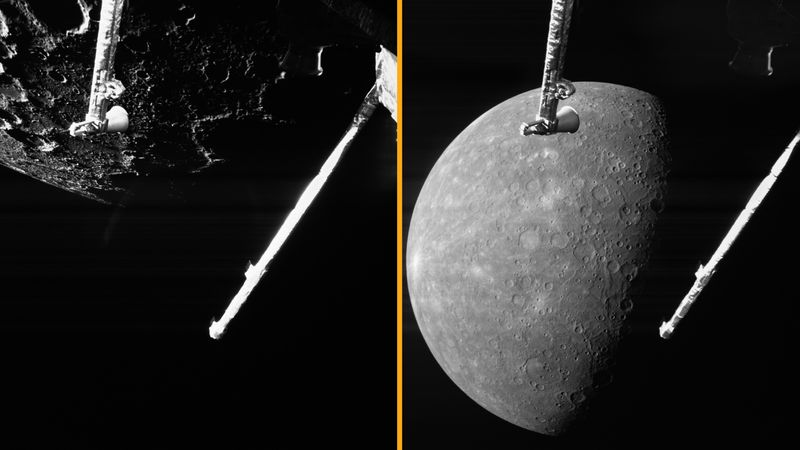 A cratered portion of mercury is visible in the image on the left and the whole planet (but half of it is in shadow) is visible on the right. Both show a boom from the spacecraft