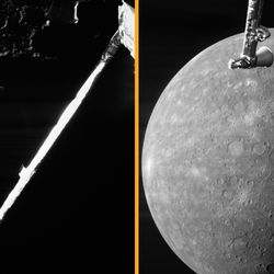 A cratered portion of mercury is visible in the image on the left and the whole planet (but half of it is in shadow) is visible on the right. Both show a boom from the spacecraft