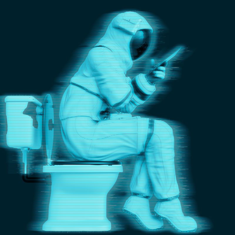 Blue-toned illustration of an astronaut on their phone on the toilet with a digital distortion effect