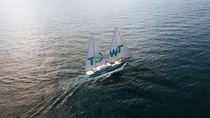 A 3D artist's impression of the world's largest sailing cargo boat in action.