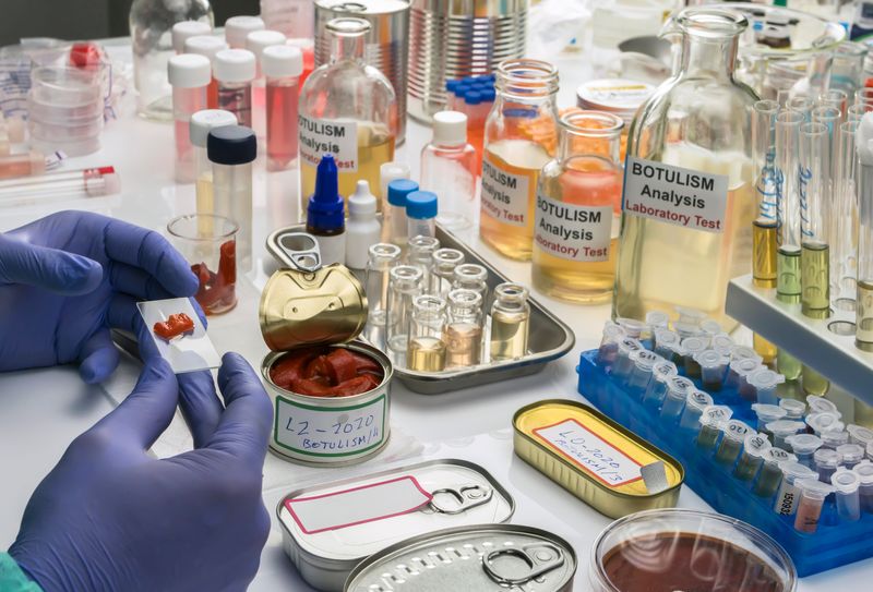 Experienced laboratory scientist analyzes red peppers from a canned food can to analyze botulism infection in sick people, conceptual image