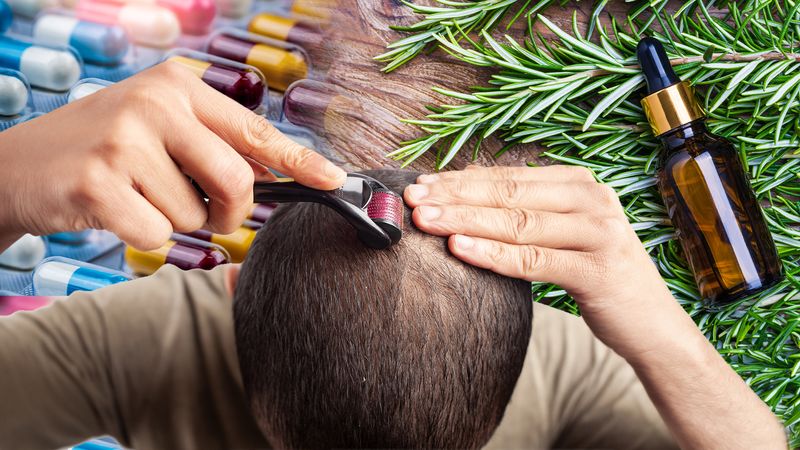 Brown-haired person using a dermaroller on a bald spot, pills in the background over their left shoulder and rosemary and a brown glass bottle on the right