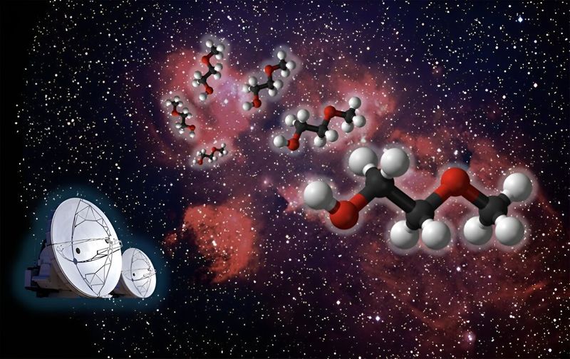 Artist impression showing a diagram of the molecule overlayed to the cat's paw nebula and a starry sky