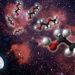 Artist impression showing a diagram of the molecule overlayed to the cat's paw nebula and a starry sky