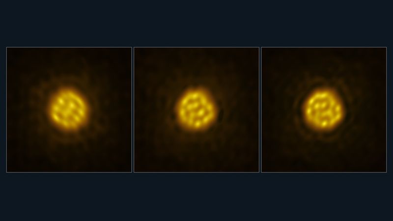 three images of the star side by side. The stars surface is made of dark dots and bright dots. Their distribution changes over the three images