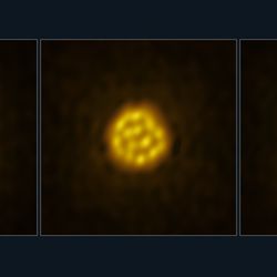 three images of the star side by side. The stars surface is made of dark dots and bright dots. Their distribution changes over the three images