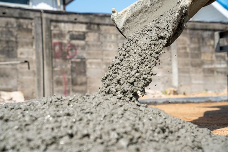 A close up photo of concrete being poured from a mixer. The concrete is piled up as it flows from the tip of a funnel. In the background is a large grey wall. 