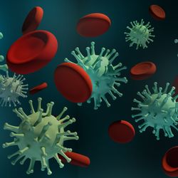 3D render of green COVID virus particles and red blood cells against dark teal backdrop