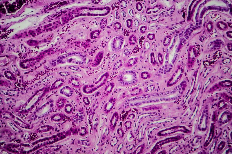 purple-stained micrograph showing diffuse proliferative glomerulonephritis