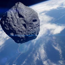 a 3-D RENDERING OF AN ASTEROID IN SPACE APPROACHING EARTH