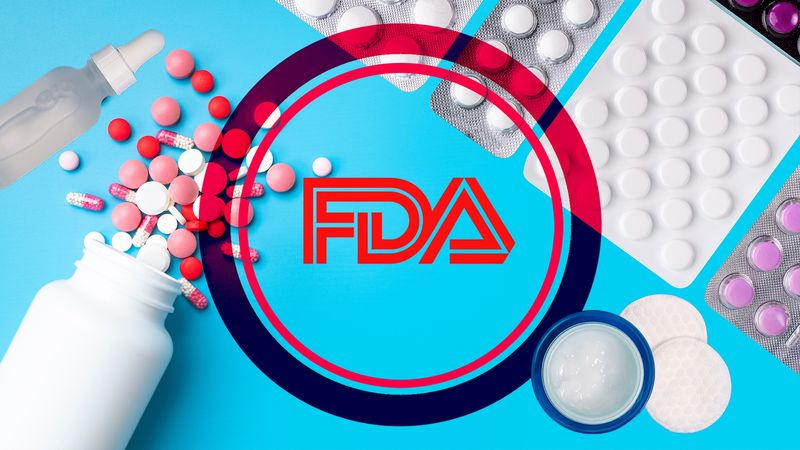 FDA logo on blue background, surrounded by pills