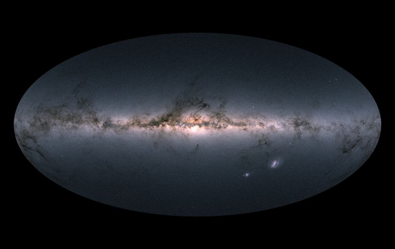 a map of the milky way that looks like a photo. the galaxy is a thin strip of stars with wispy dark clouds 