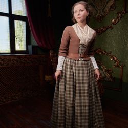 A lovely aristocratic girl in an 18th century Scottish dress stands in a room with classic vintage interior. The heroine of the novel. 18th century style. 