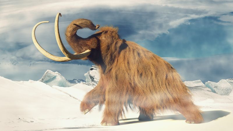 Illustration of a wooly mammoth striding through the snow