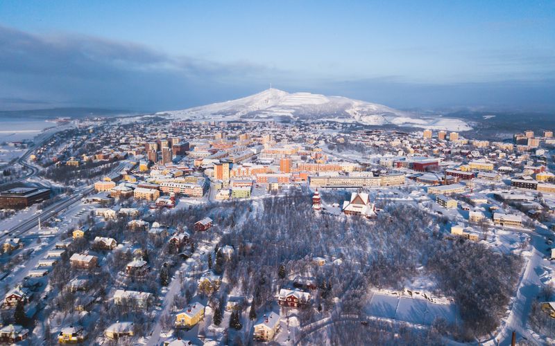 The extinct volcano of Kiruna, Sweden rising up behind the town. 