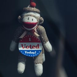 Knitted monkey toy wearing an I Voted badge