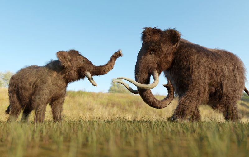  A 3D illustration of a Woolly Mammoth and a baby in a grassy field.  