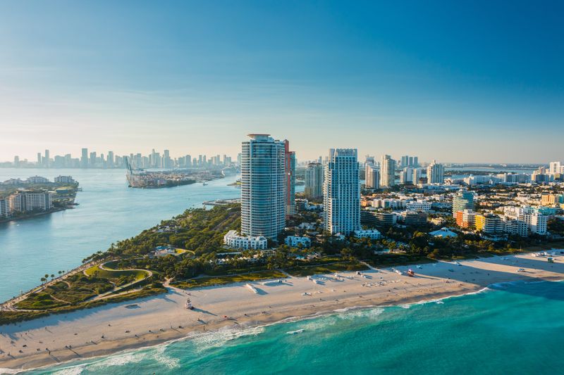 wide drone shot of the port of miami florida during a bright sunny day.