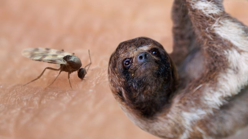 midge feeding on human skin next to a photo of a sloth