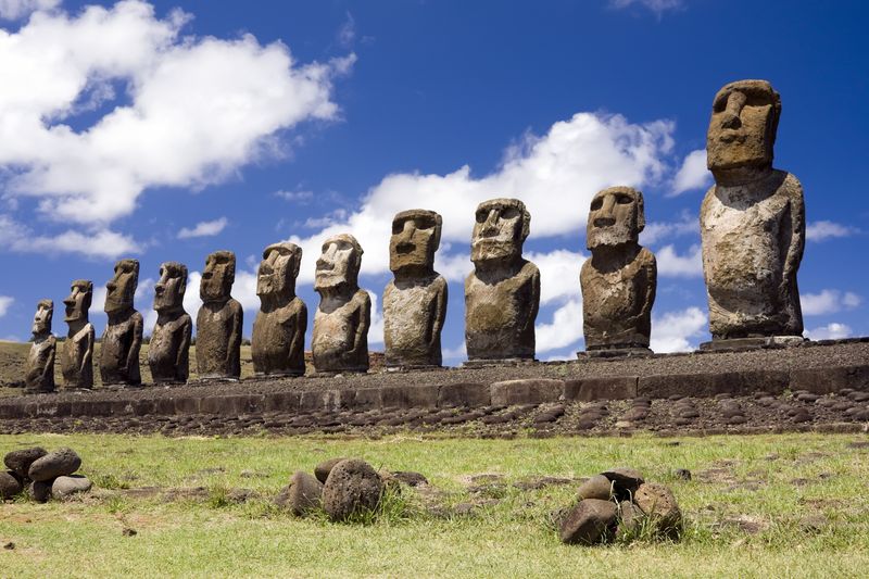 Giant head-shaped monuments, called moai, on the island of Rapa Nui, or Easter Island..