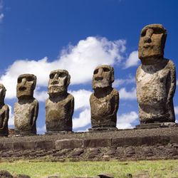 Giant head-shaped monuments, called moai, on the island of Rapa Nui, or Easter Island..