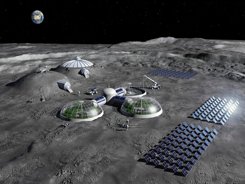 Artist's impression of a habitat on the Moon with greenhouses, solar panels, and buried habitats.