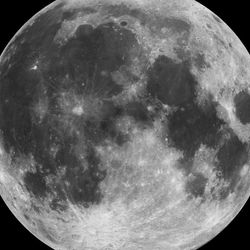 The near side of the Moon with its dark maria and lighter colored highlands is seen in this photo