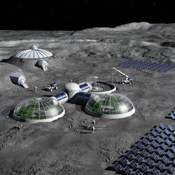 Artist's impression of a habitat on the Moon with greenhouses, solar panels, and buried habitats.