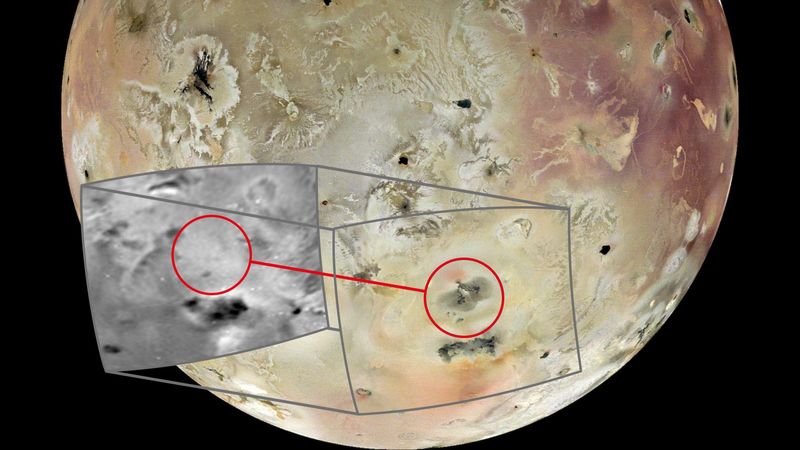 The surface of Io is marked by several volcanoes appearing grey compared to the rest of the yellow and red surface. An inset in black and white shows a smooth area, compated to the new image, there is a massive dark region missing: the new volcano.