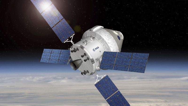 the spacecraft is conical in the front with a cylindircal back, and four solar panels extending from it.