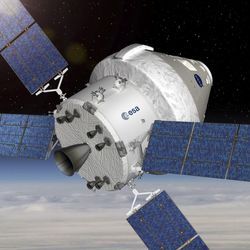 the spacecraft is conical in the front with a cylindircal back, and four solar panels extending from it.