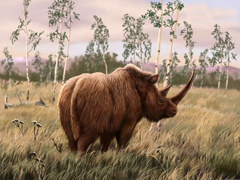 Paleoart of a woolly rhino. 