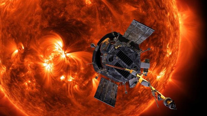 Artist's impression of the Parker Solar Probe, seen against the Sun whose fast winds it may have explained, by revealing the microstructure of the coronal holes that create them.