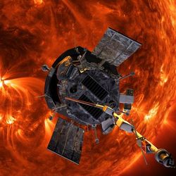 Artist's impression of the Parker Solar Probe, seen against the Sun whose fast winds it may have explained, by revealing the microstructure of the coronal holes that create them.