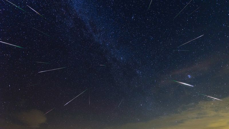 A composite image showing multiple perseids all at once crossing the sky