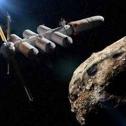 A spacecraft approaching an asteroid in space 