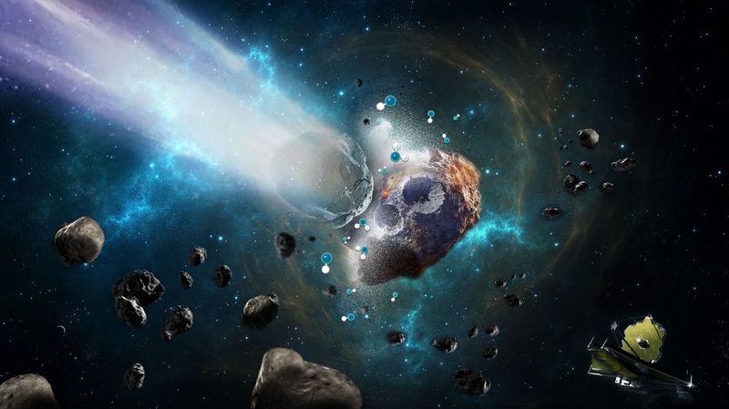 Artist's impression of the asterpid Psyche being hit by a typical smaller asteroid. This could be how it acquired its OH, but there could be a more interesting explanation.