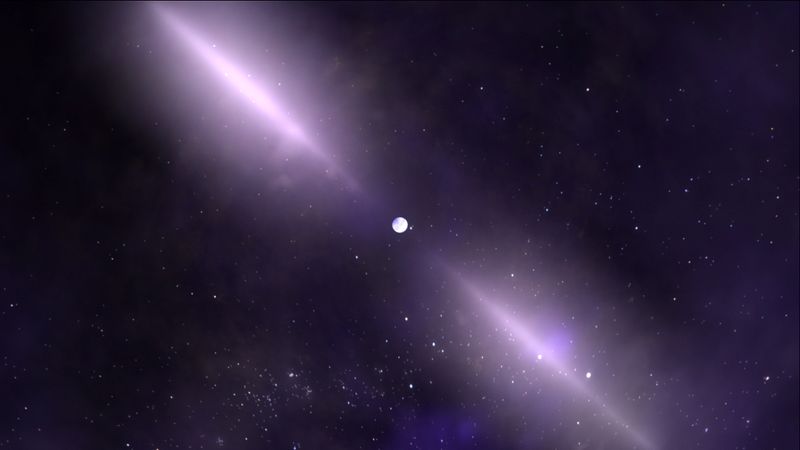 This artists concept shows the two jets from a pulsar.