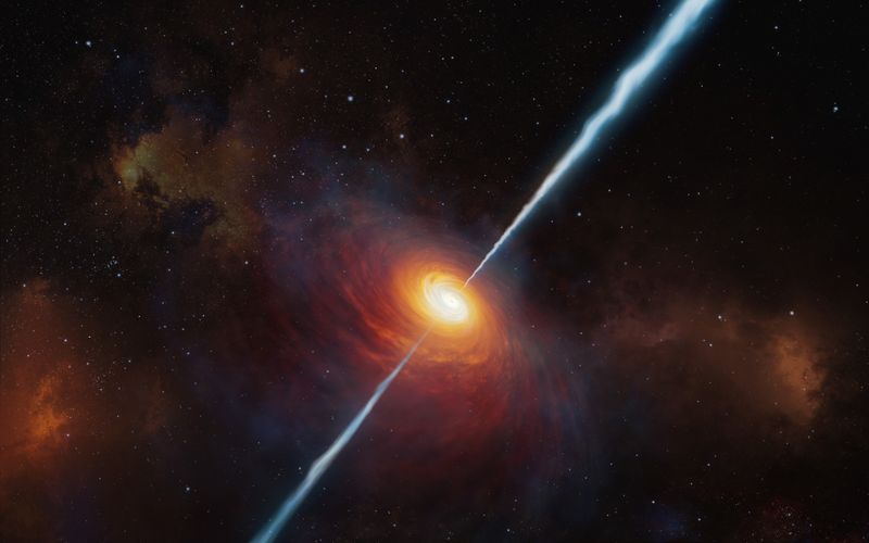 Artist impression of a supermassive black hole releasing a jet into space.