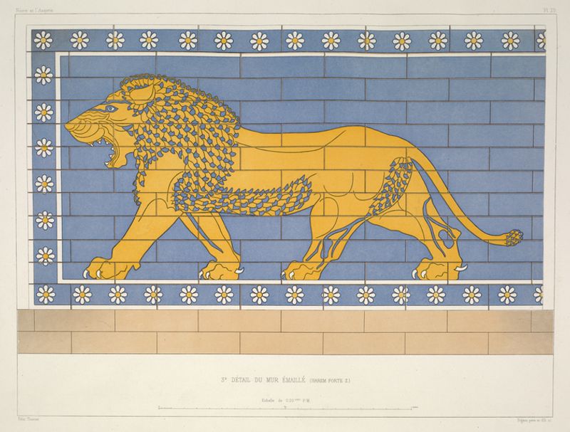 A photo of one of the Assyrian symbols representing a lion on a brick wall. The lion is yellow and facing the left. It is depicted astride and has it mouth open. The stones surrounding it painted blue and there are flowers painted in the margins surrounding it. 