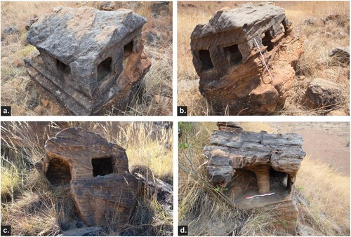 Four photos in a grid showing two rock-carved boulders from different angles. The carvings are located on open grass on a slope. They are both square in shape with recesses carved into them like windows. 