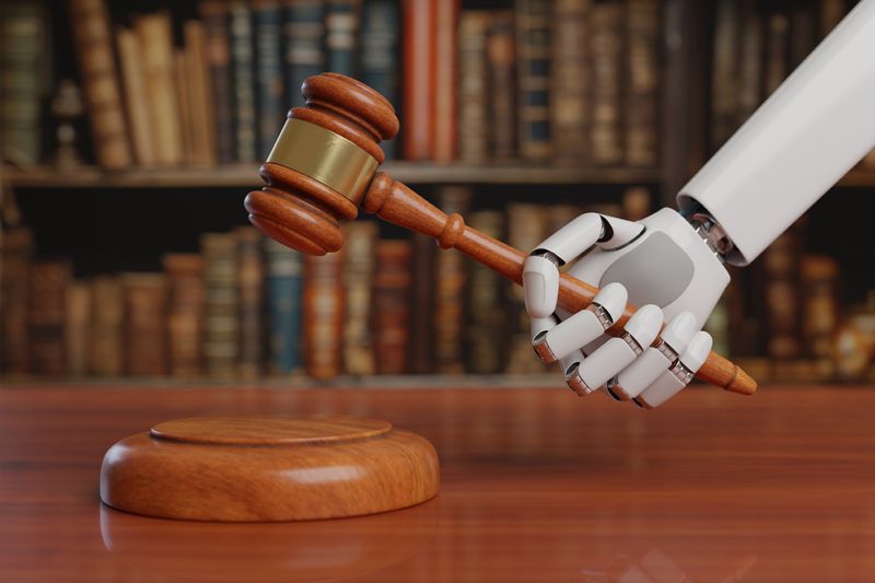 robot hand holding a gavel against a backdrop of old books on a shelf