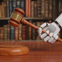 robot hand holding a gavel against a backdrop of old books on a shelf