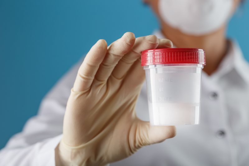 doctor wearing white mask and white shirt holds semen sample in clear containing with red lid; doctor is wearing a white glove, the semen sample is clearly in focus