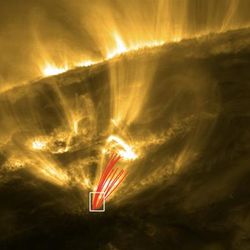 SolO view in the EUV on 30 March 2022 showing a partial section of the Sun with gas at 1 million degrees. The red paths correspond to some of the rain tracks analysed in this work. The Earth image has been overlaid to scale.  